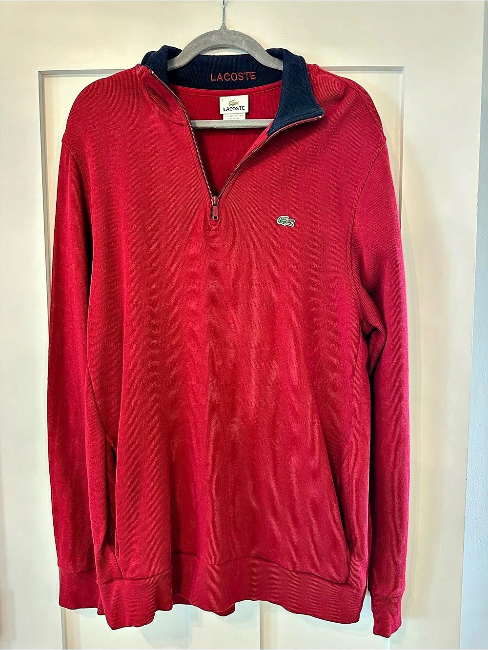 Lacoste Men's Half-Zip Mock Neck Cotton Pullover Sweatshirt with Pockets Red Siz